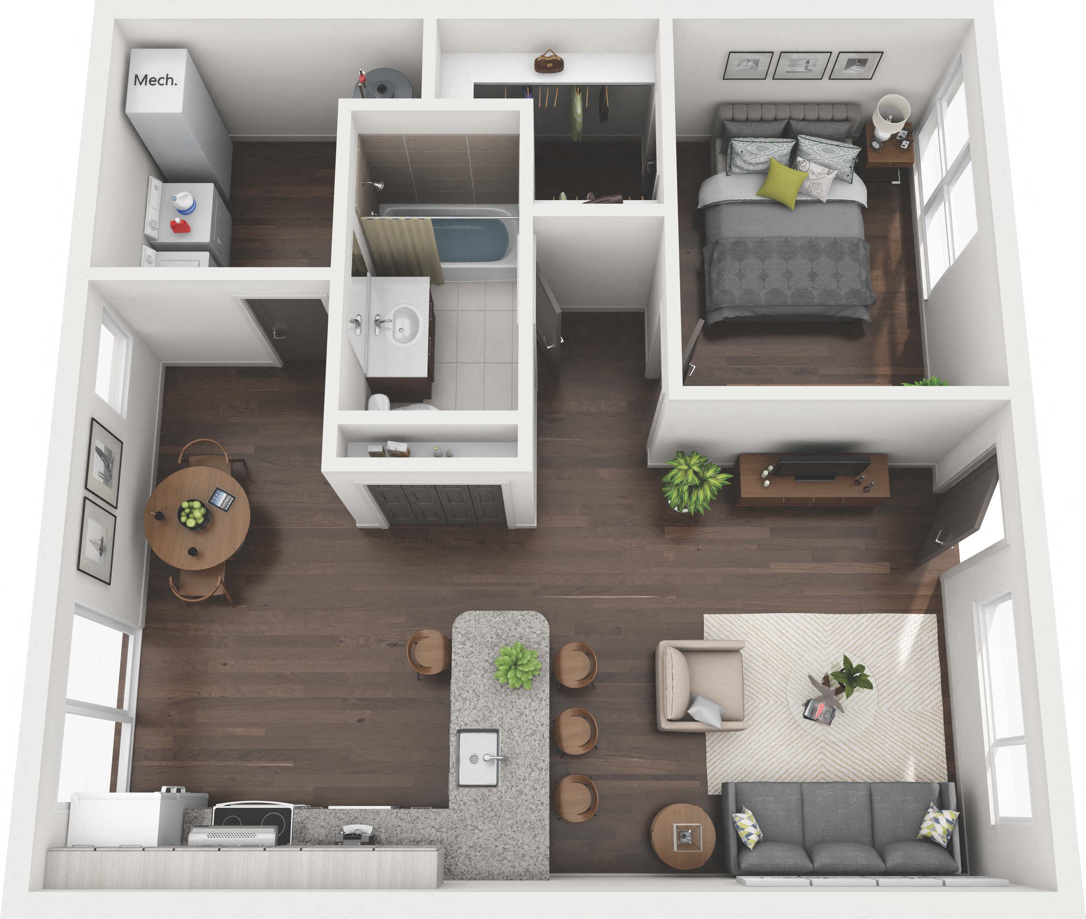 Floor plan for 1 bed, 1 bath, 729 sqft